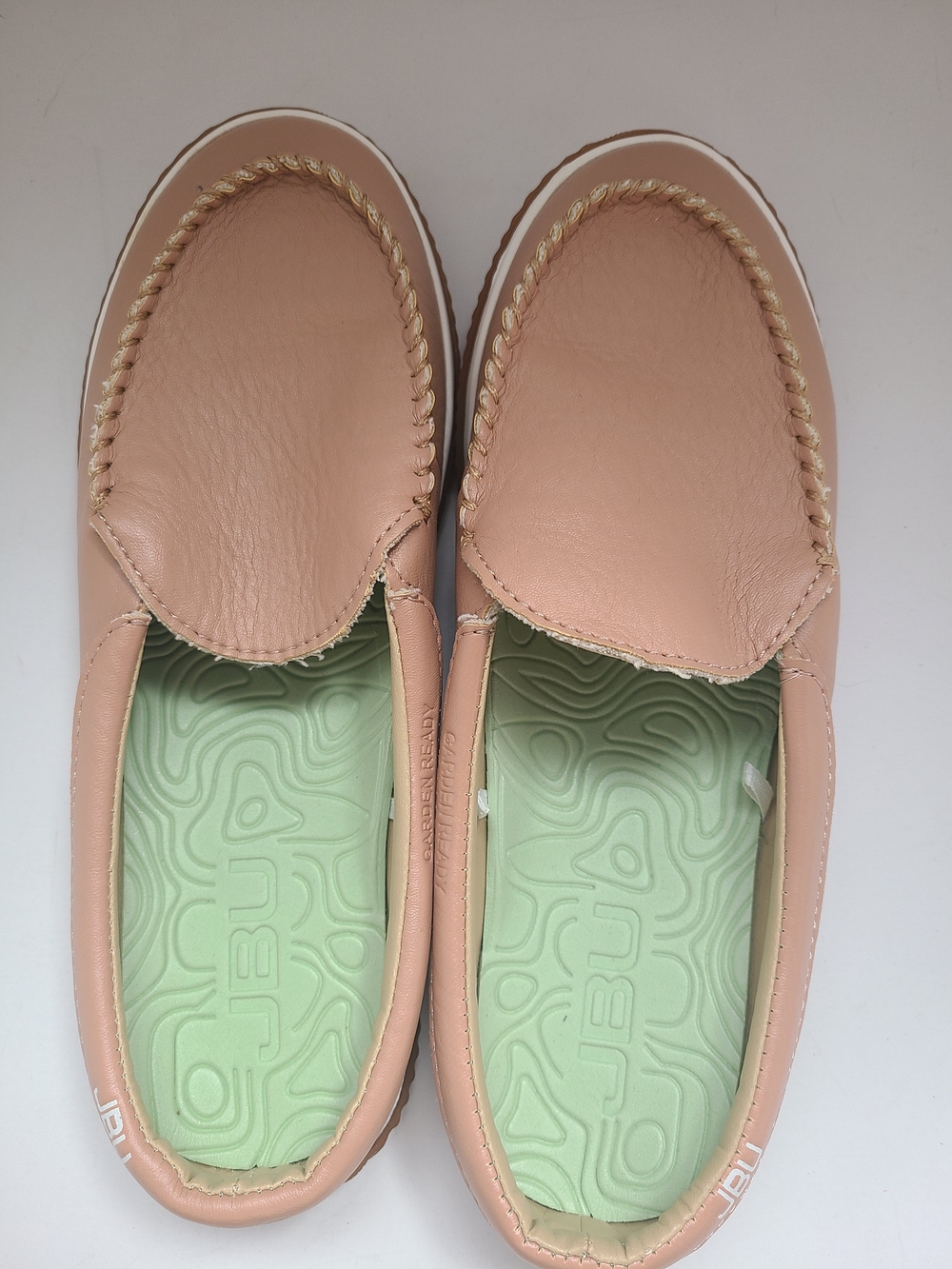 JBU Blush Pink Leather Slip-On Moccasins with Mint Insole